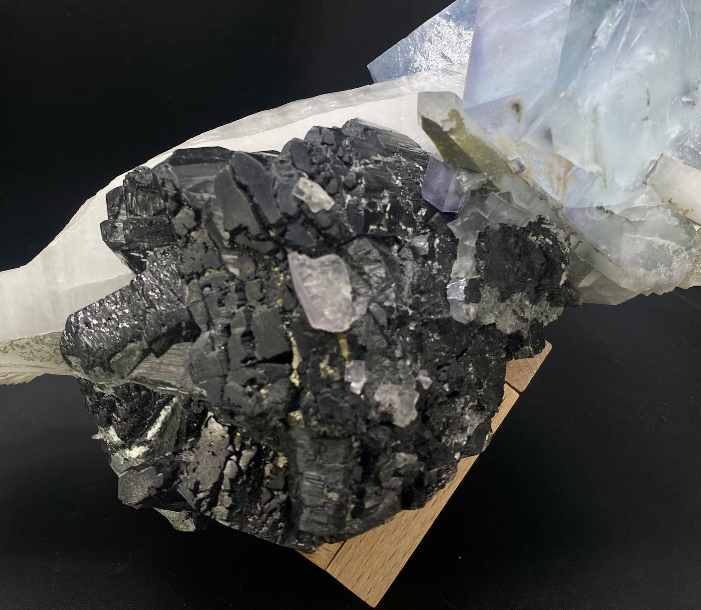 Large Wolframite, Purple Phantom Fluorite, Aqua Colored Fluorite, Pyrite, and Muscovite on large double Terminated Quartz (SUPER RARE MUSEUM/COLLECTOR QUALITY!)