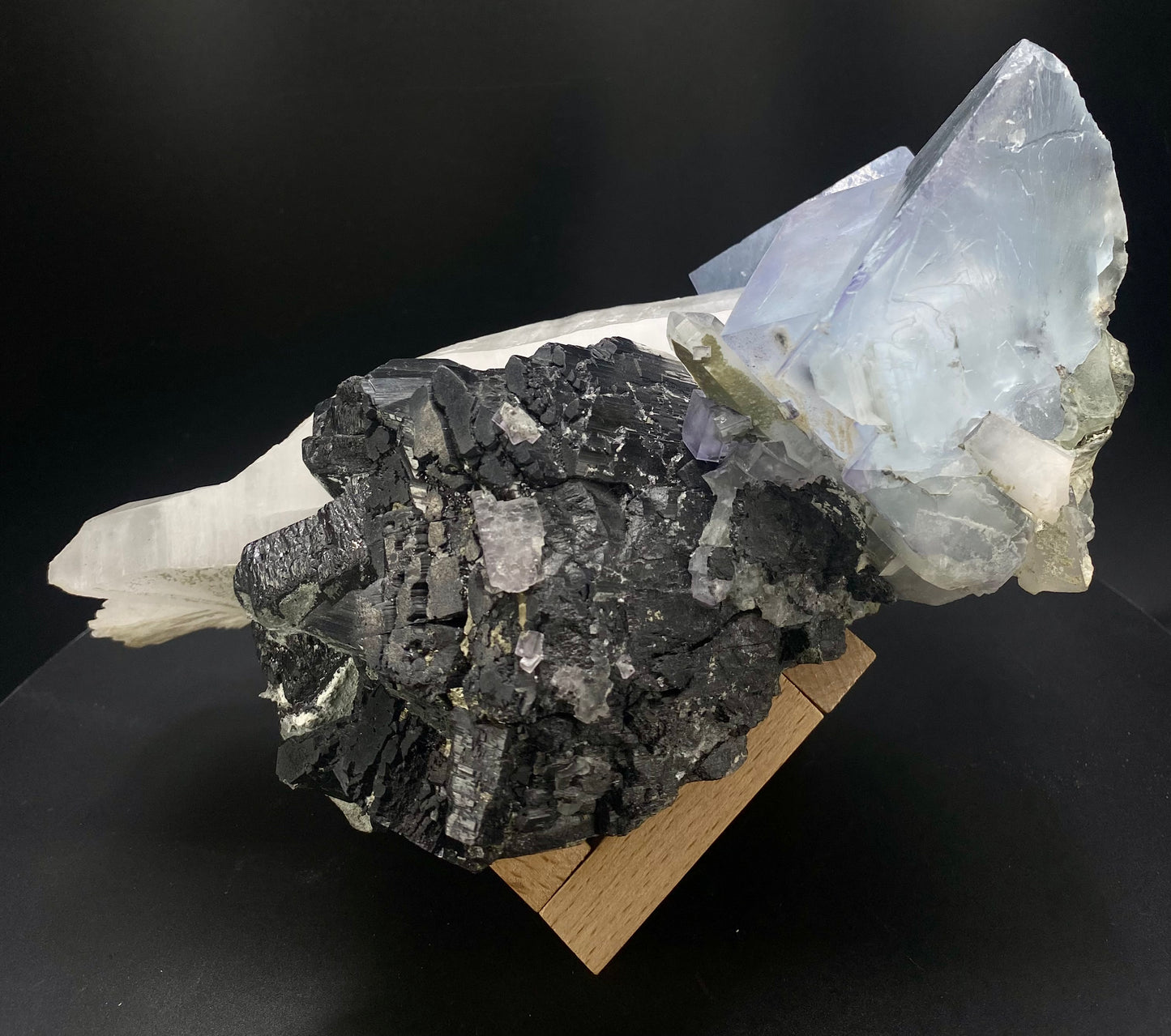 Large Wolframite, Purple Phantom Fluorite, Aqua Colored Fluorite, Pyrite, and Muscovite on large double Terminated Quartz (SUPER RARE MUSEUM/COLLECTOR QUALITY!)