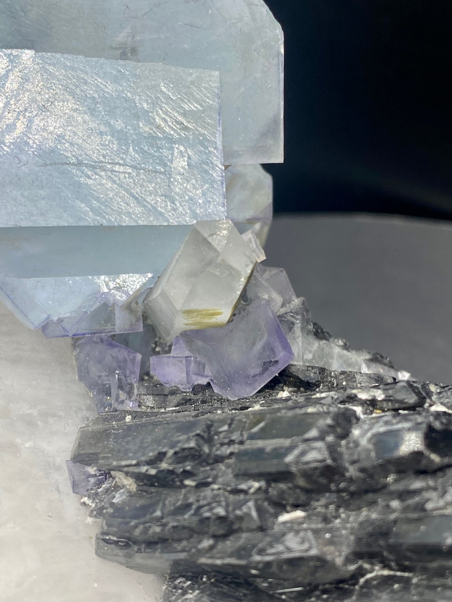 Large Wolframite, Purple Phantom Fluorite, Aqua Colored Fluorite, Pyrite, and Muscovite on large double Terminated Quartz (SUPER RARE MUSEUM/COLLECTOR QUALITY!)