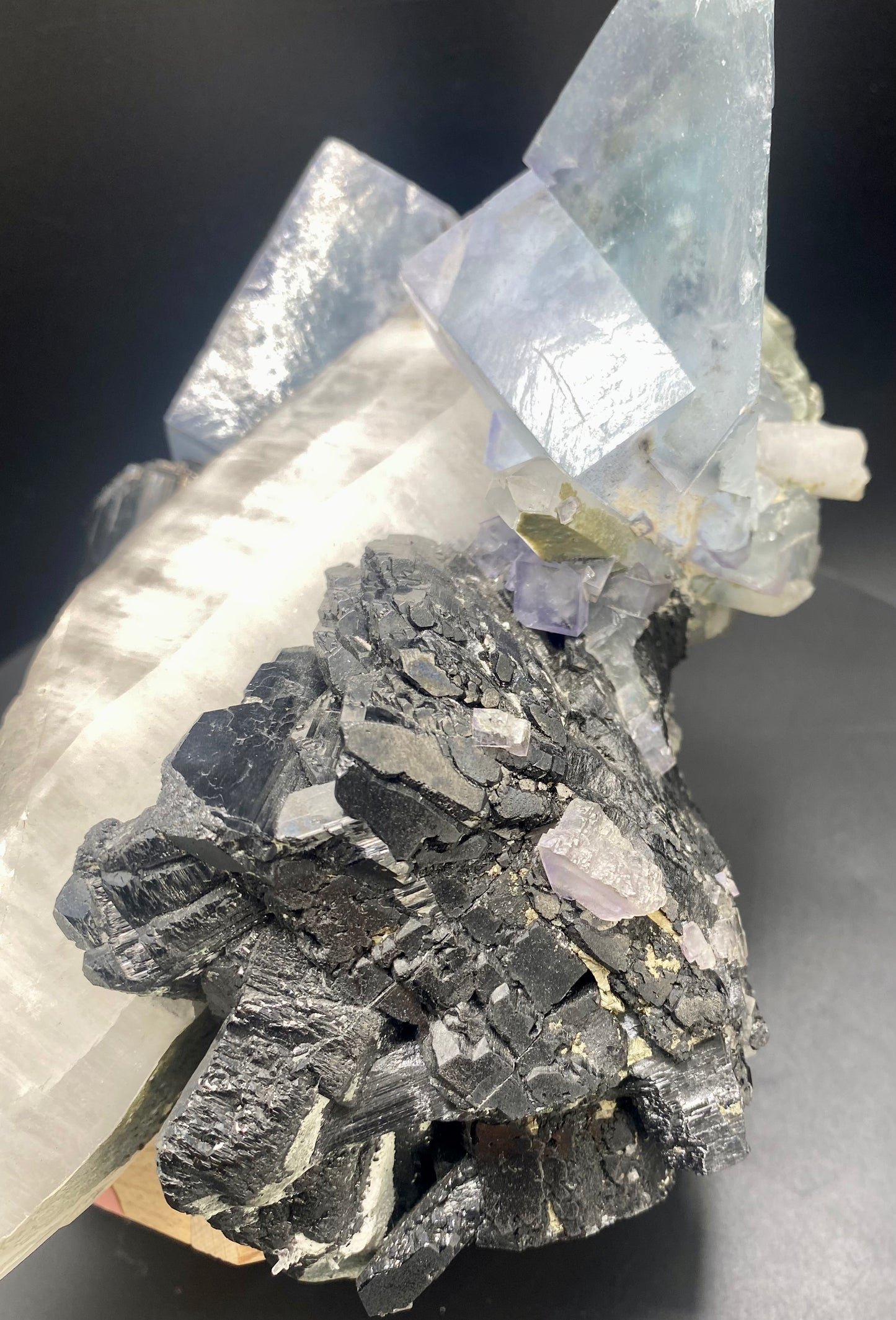 Large Wolframite, Purple Phantom Fluorite, Aqua Colored Fluorite, Pyrite, and Muscovite on large double Terminated Quartz (SUPER RARE MUSEUM/COLLECTOR QUALITY!)