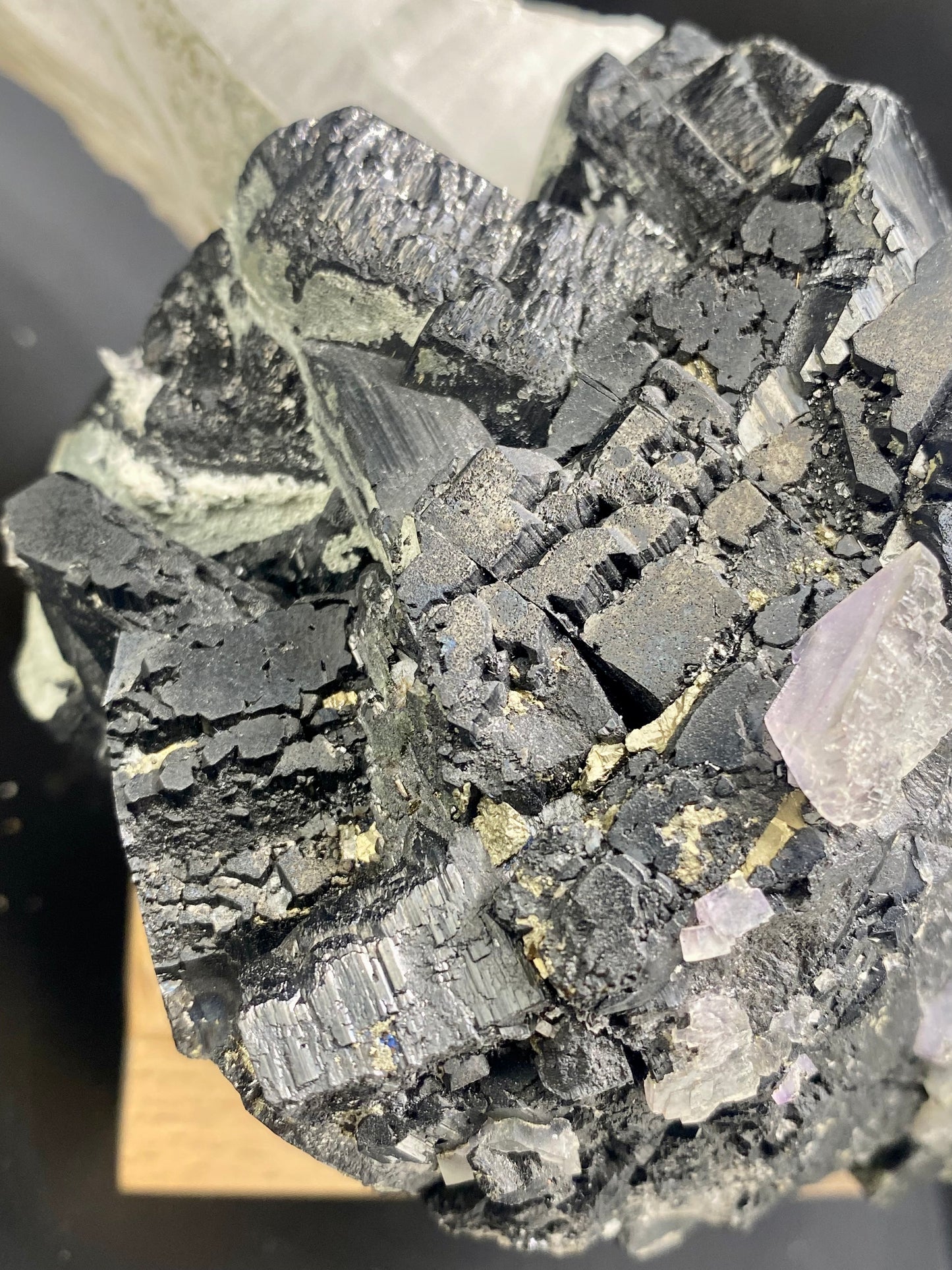 Large Wolframite, Purple Phantom Fluorite, Aqua Colored Fluorite, Pyrite, and Muscovite on large double Terminated Quartz (SUPER RARE MUSEUM/COLLECTOR QUALITY!)