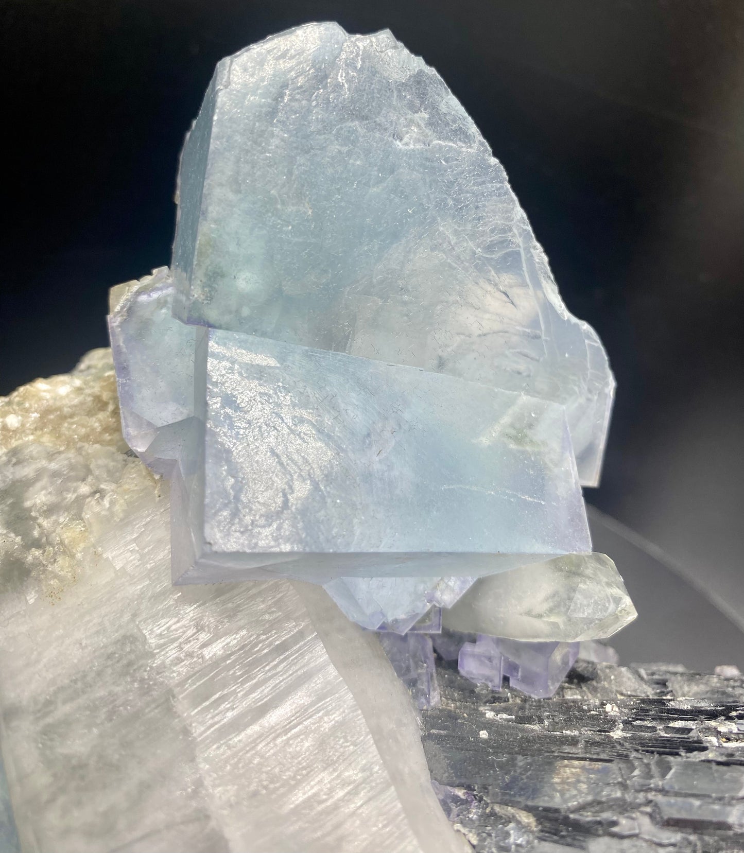 Large Wolframite, Purple Phantom Fluorite, Aqua Colored Fluorite, Pyrite, and Muscovite on large double Terminated Quartz (SUPER RARE MUSEUM/COLLECTOR QUALITY!)