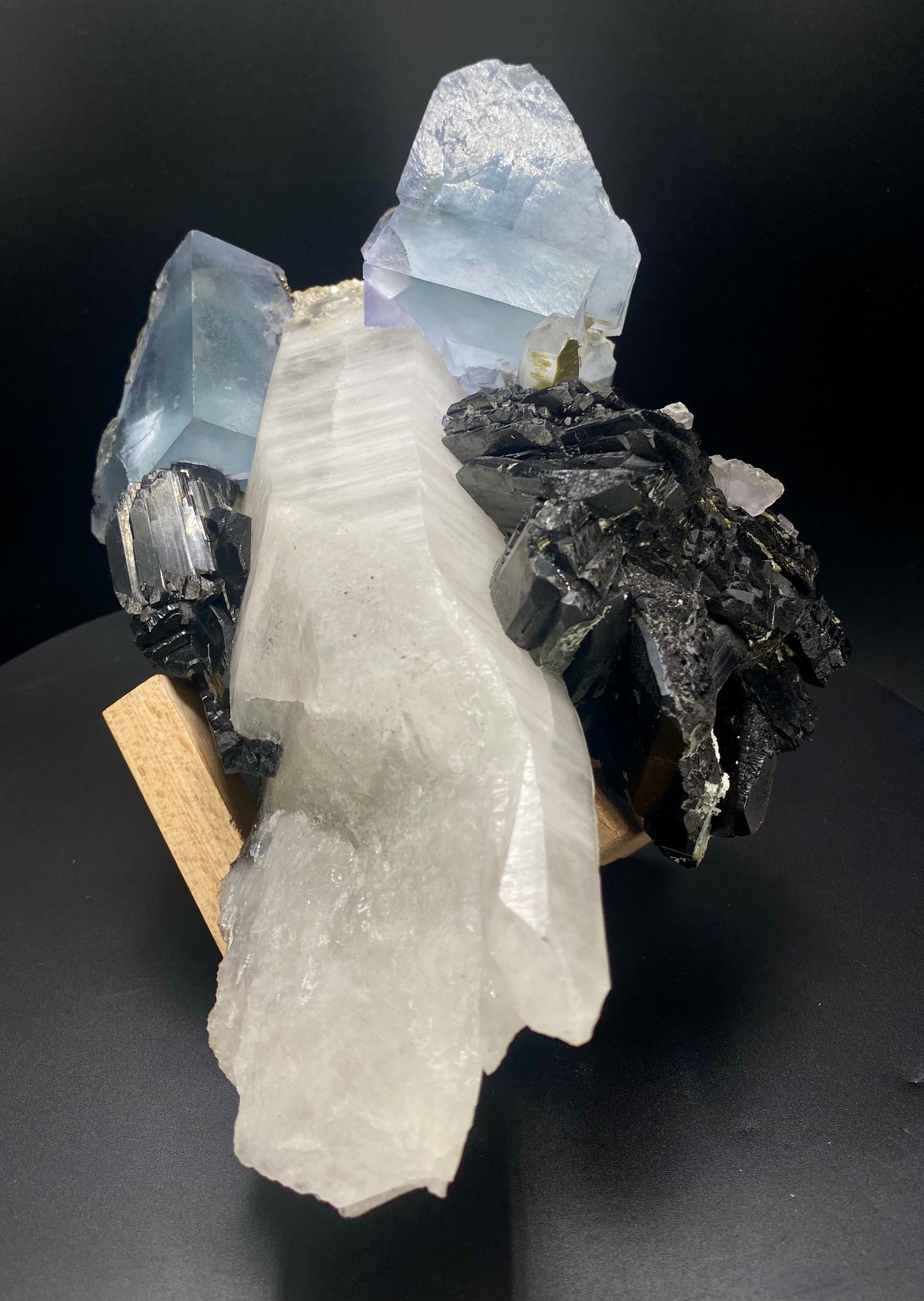Large Wolframite, Purple Phantom Fluorite, Aqua Colored Fluorite, Pyrite, and Muscovite on large double Terminated Quartz (SUPER RARE MUSEUM/COLLECTOR QUALITY!)