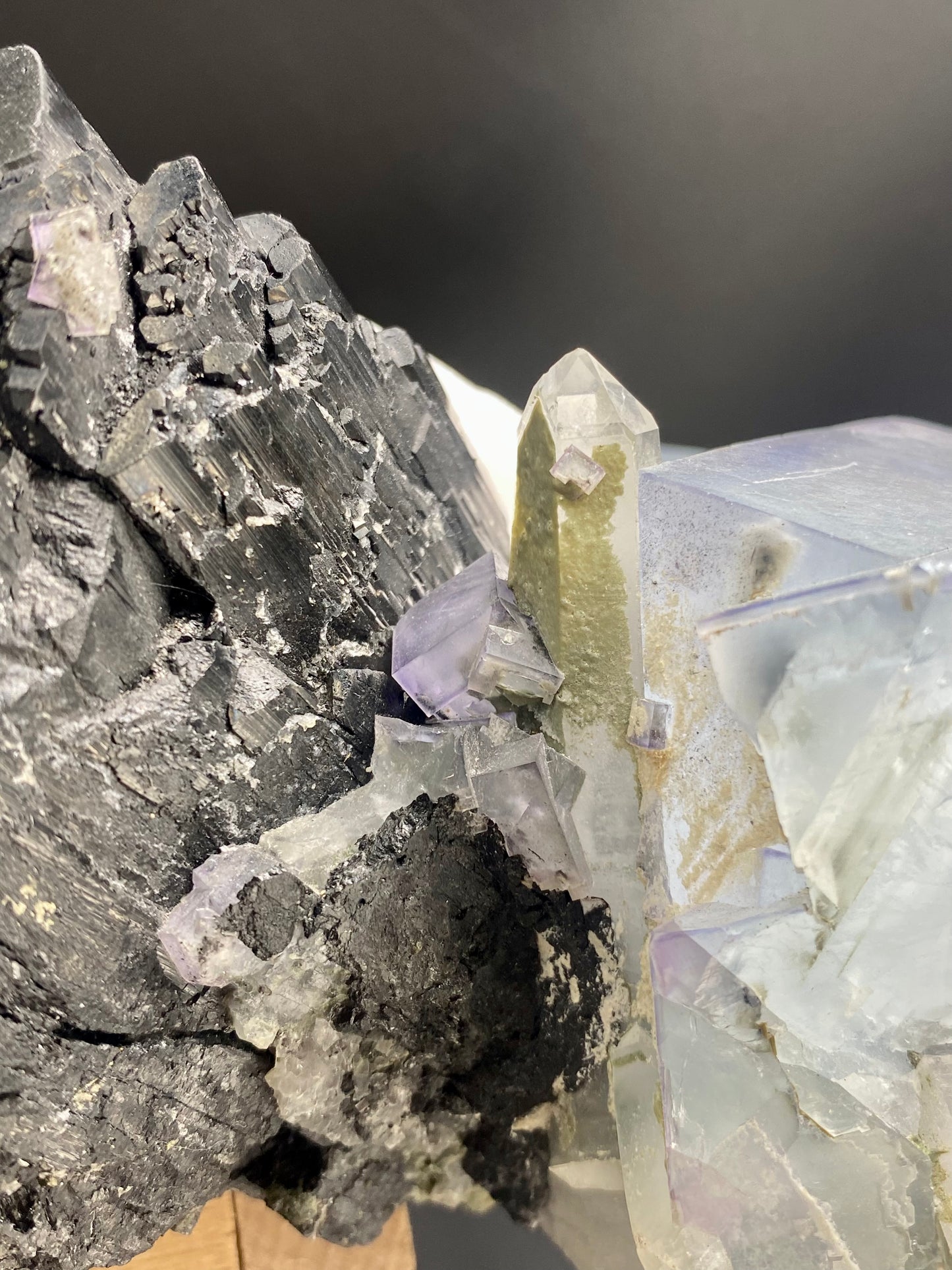 Large Wolframite, Purple Phantom Fluorite, Aqua Colored Fluorite, Pyrite, and Muscovite on large double Terminated Quartz (SUPER RARE MUSEUM/COLLECTOR QUALITY!)