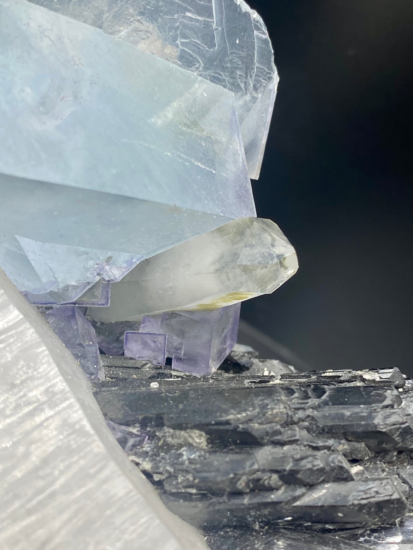 Large Wolframite, Purple Phantom Fluorite, Aqua Colored Fluorite, Pyrite, and Muscovite on large double Terminated Quartz (SUPER RARE MUSEUM/COLLECTOR QUALITY!)