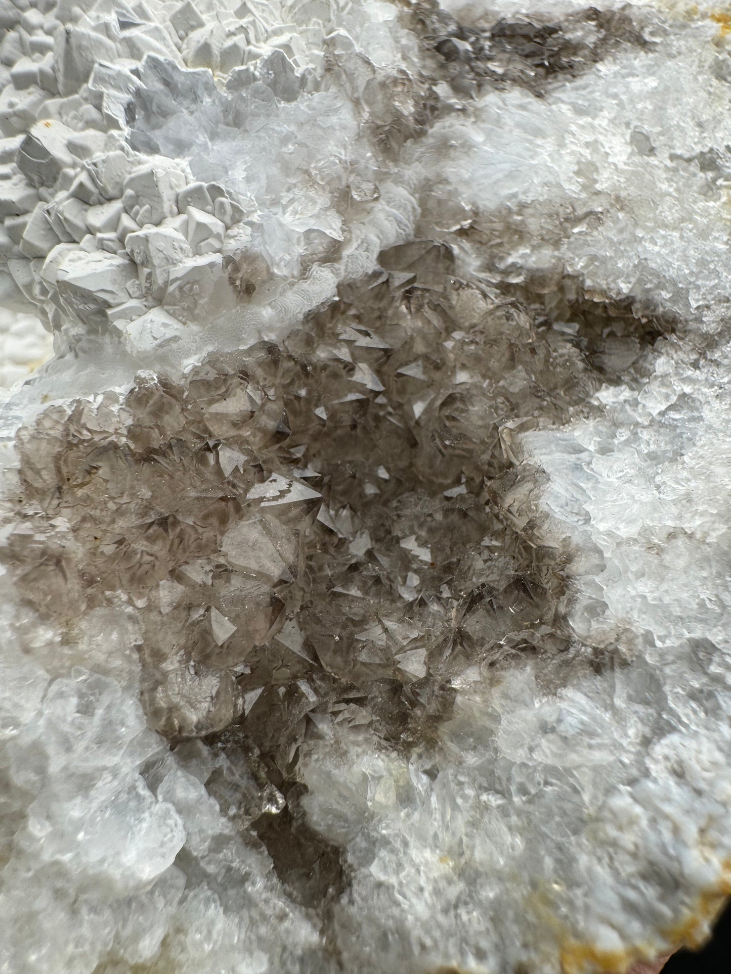 White Chalcedony Keokuk Geode with Dark Smoky Quartz. (Restored)