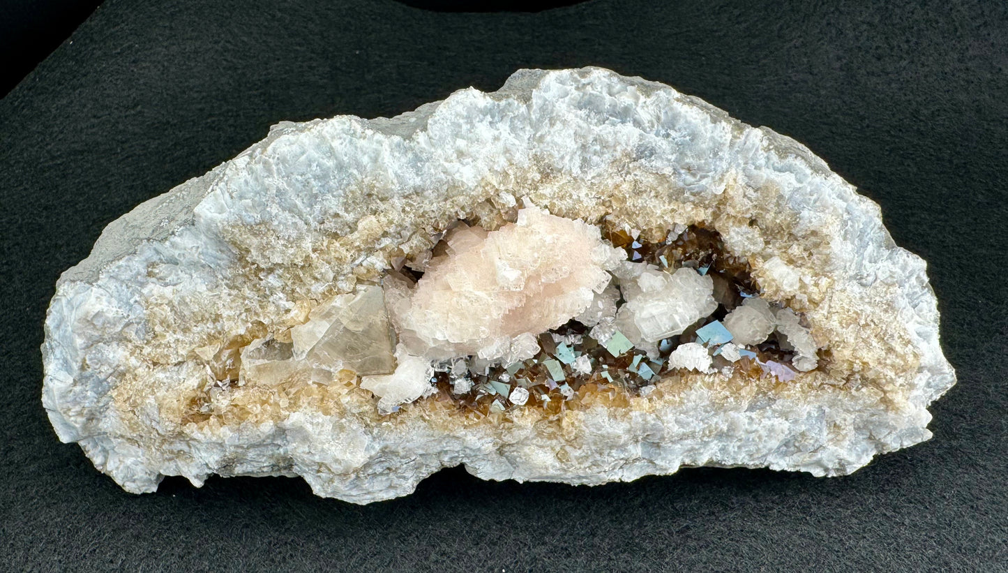 Iridescent Keokuk Geode Half with Sparkly Pink and White Calcite (Amazing UV!)