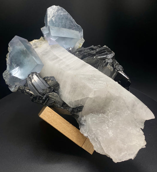 Large Wolframite, Purple Phantom Fluorite, Aqua Colored Fluorite, Pyrite, and Muscovite on large double Terminated Quartz  (SUPER RARE MUSEUM/COLLECTOR QUALITY!)