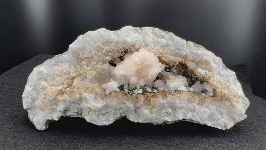 Iridescent Keokuk Geode Half with Sparkly Pink and White Calcite (Amazing UV!)